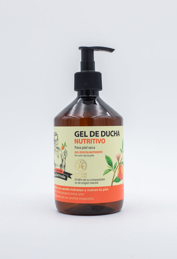 Gel de ducha ecológico y vegano nutritivo de la marca Oma Gertrude con aroma a melocotón y vainilla